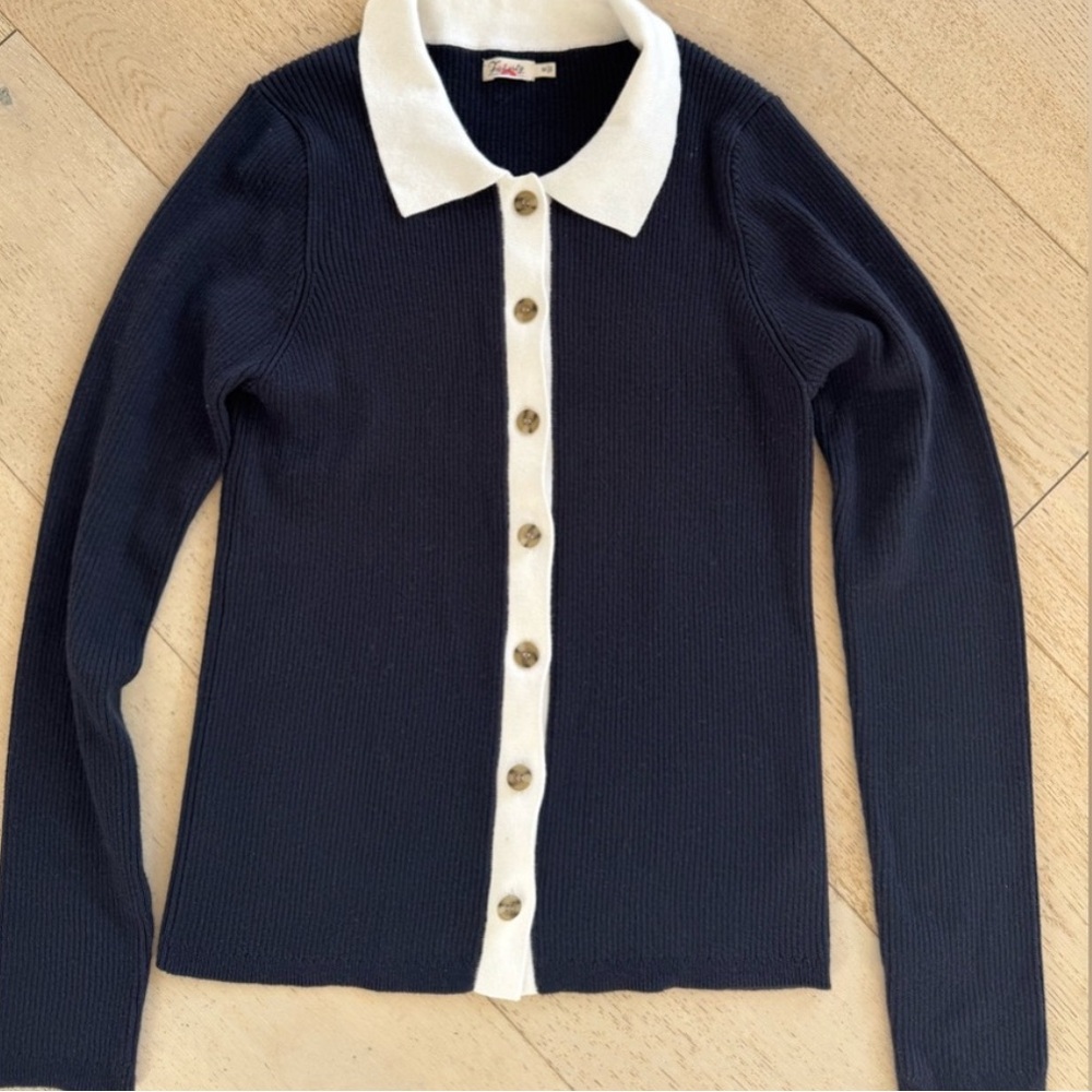 Faherty Navy and White Button-Up Cardigan